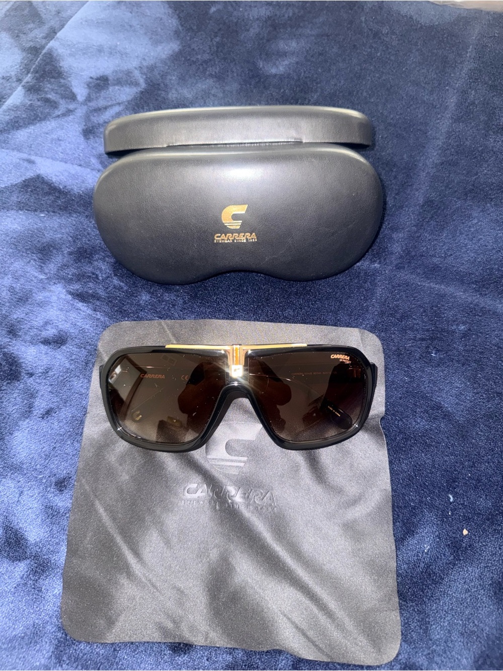 Carrera Men’s Black Frame with Gold Bridge Shield Sunglasses